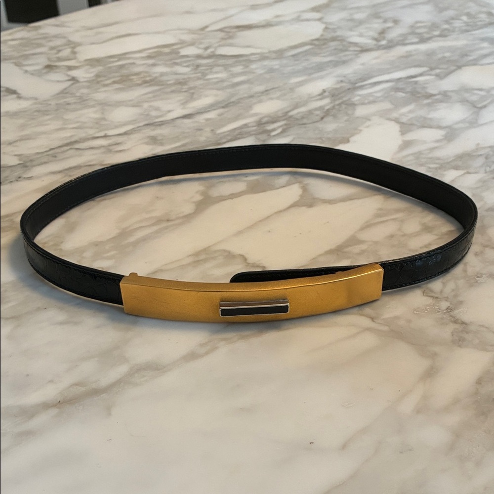 vintage LEE WOLFE women’s black/gold leather Belt w/gold buckle 28-30 waist